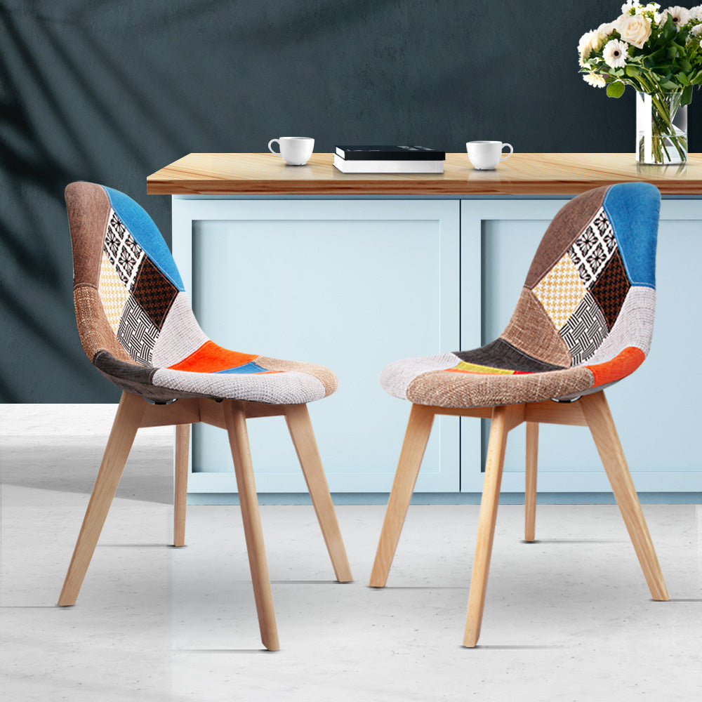 Chair Kingdom Set of 2 Retro Beech Fabric Dining Chair - Multi Colour