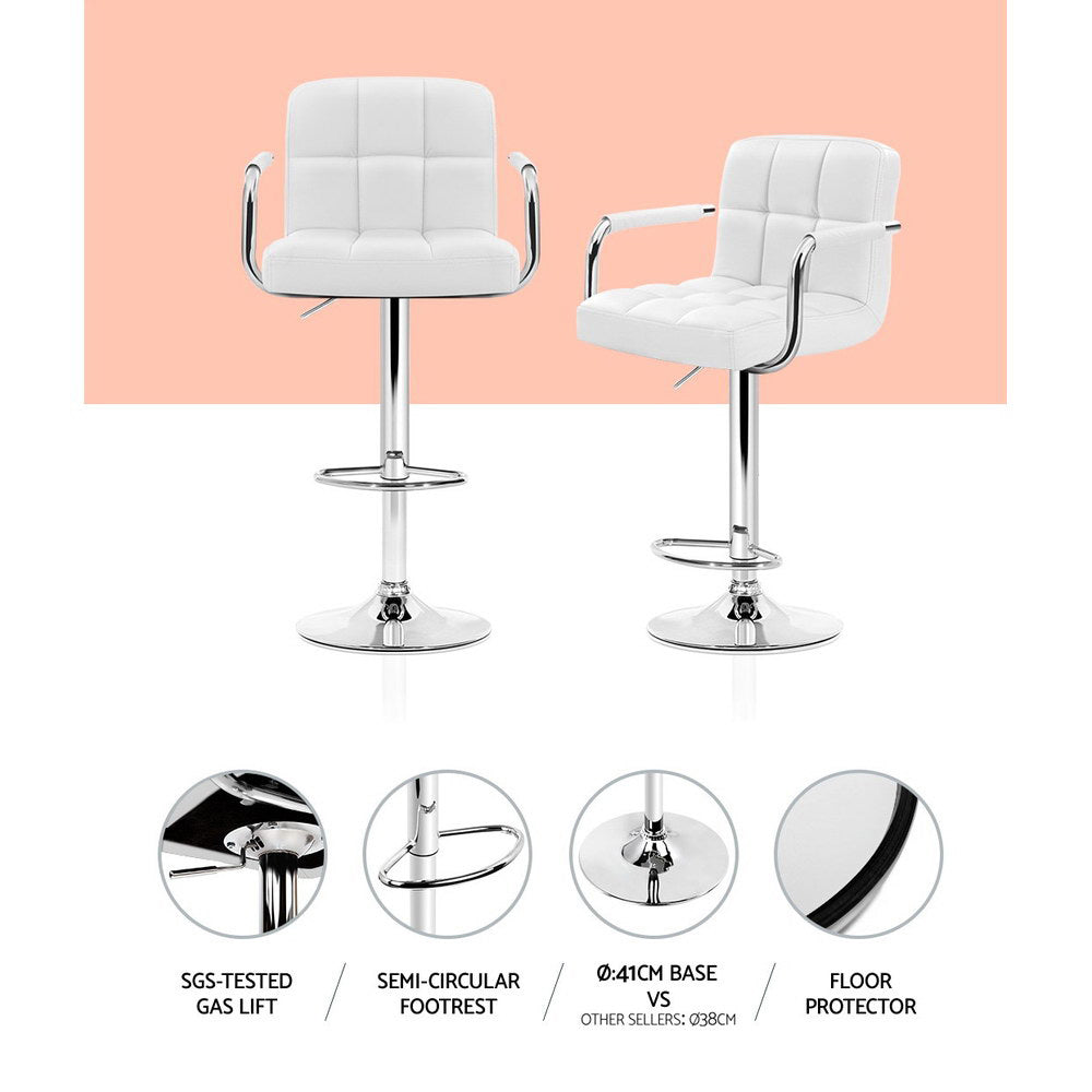 Chair Kingdom 2x Bar Stools Leather Gas Lift w/Armrest White