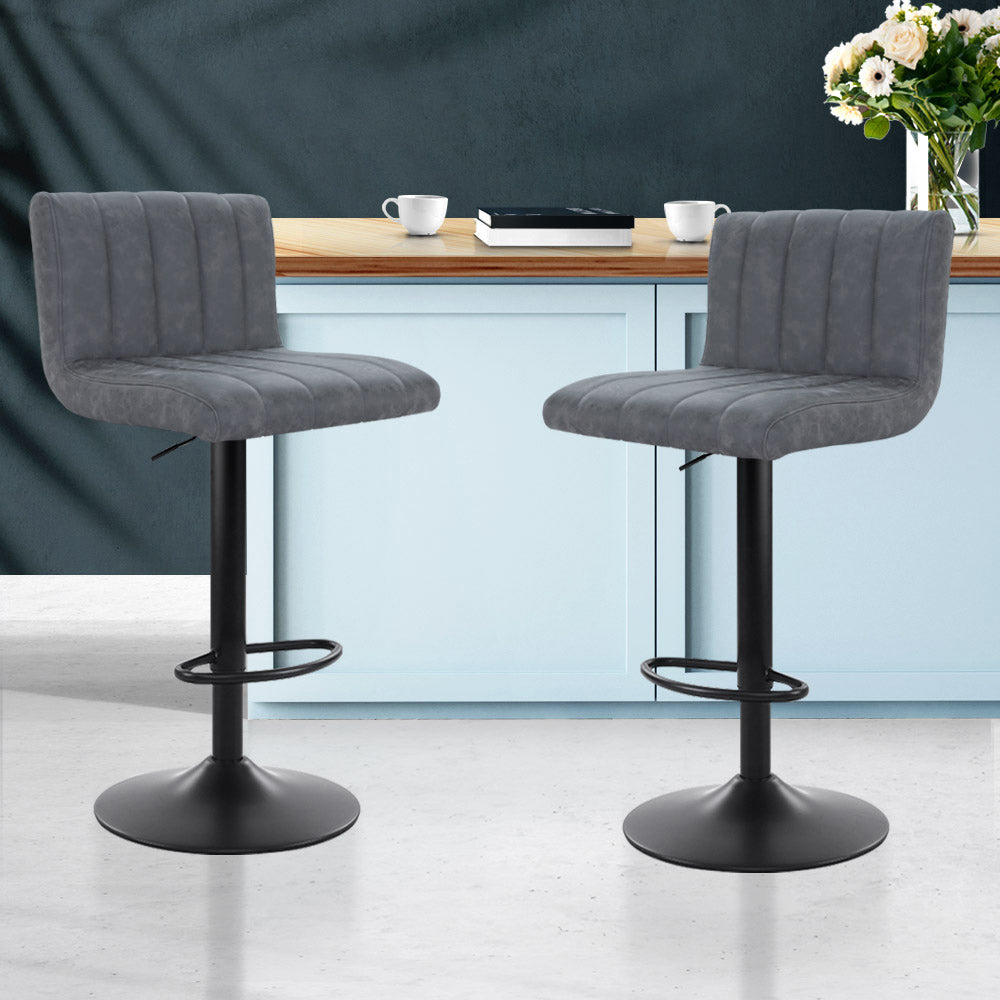 Chair Kingdom 2x Bar Stools Vintage Leather Gas Lift Grey