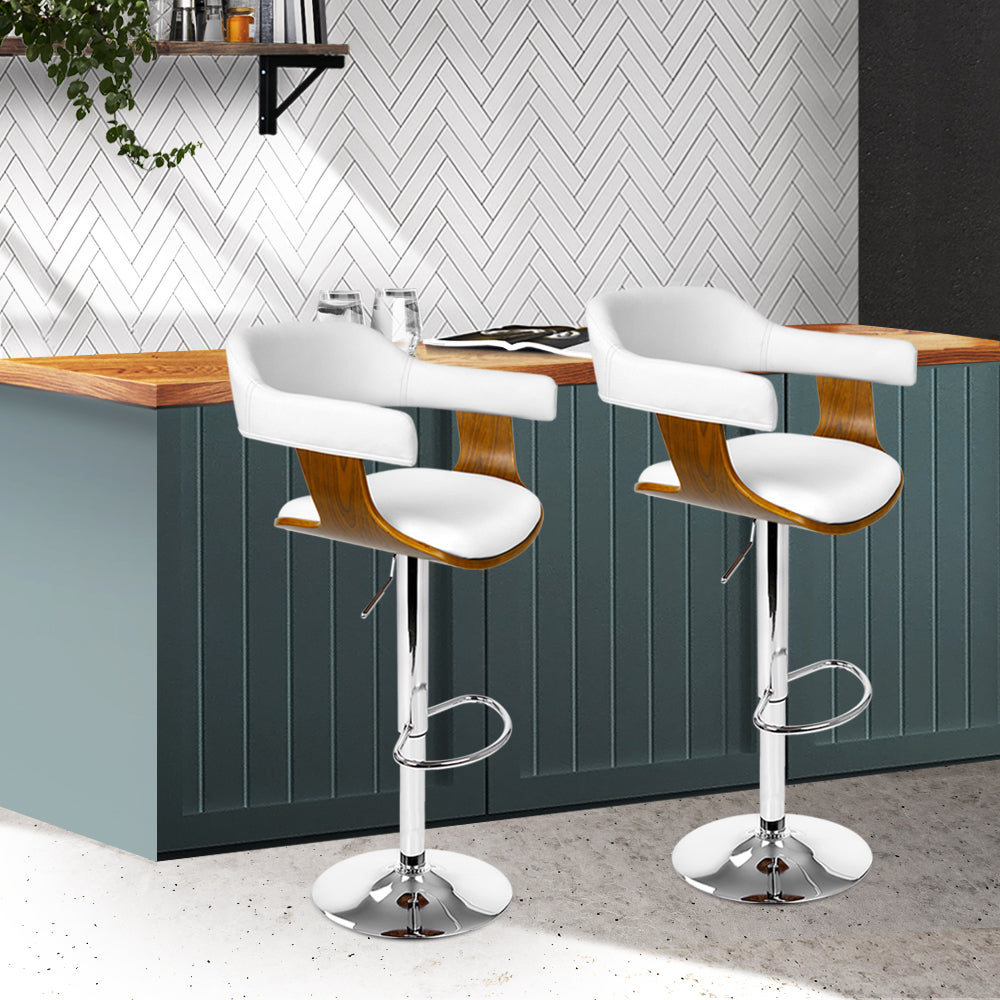 Chair Kingdom 2x Bar Stools Gas Lift Leather w/Armrest White