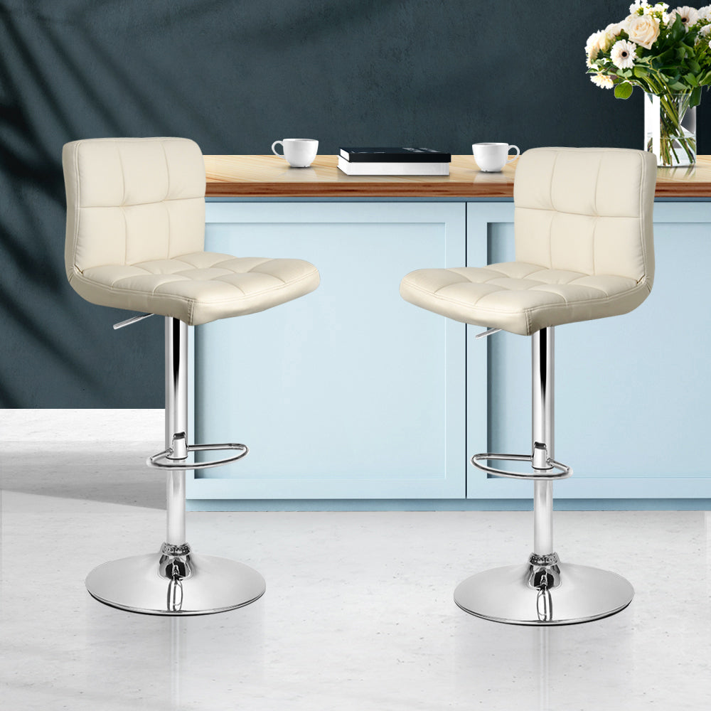 Chair Kingdom 2x Bar Stools Leather Gas Lift Beige