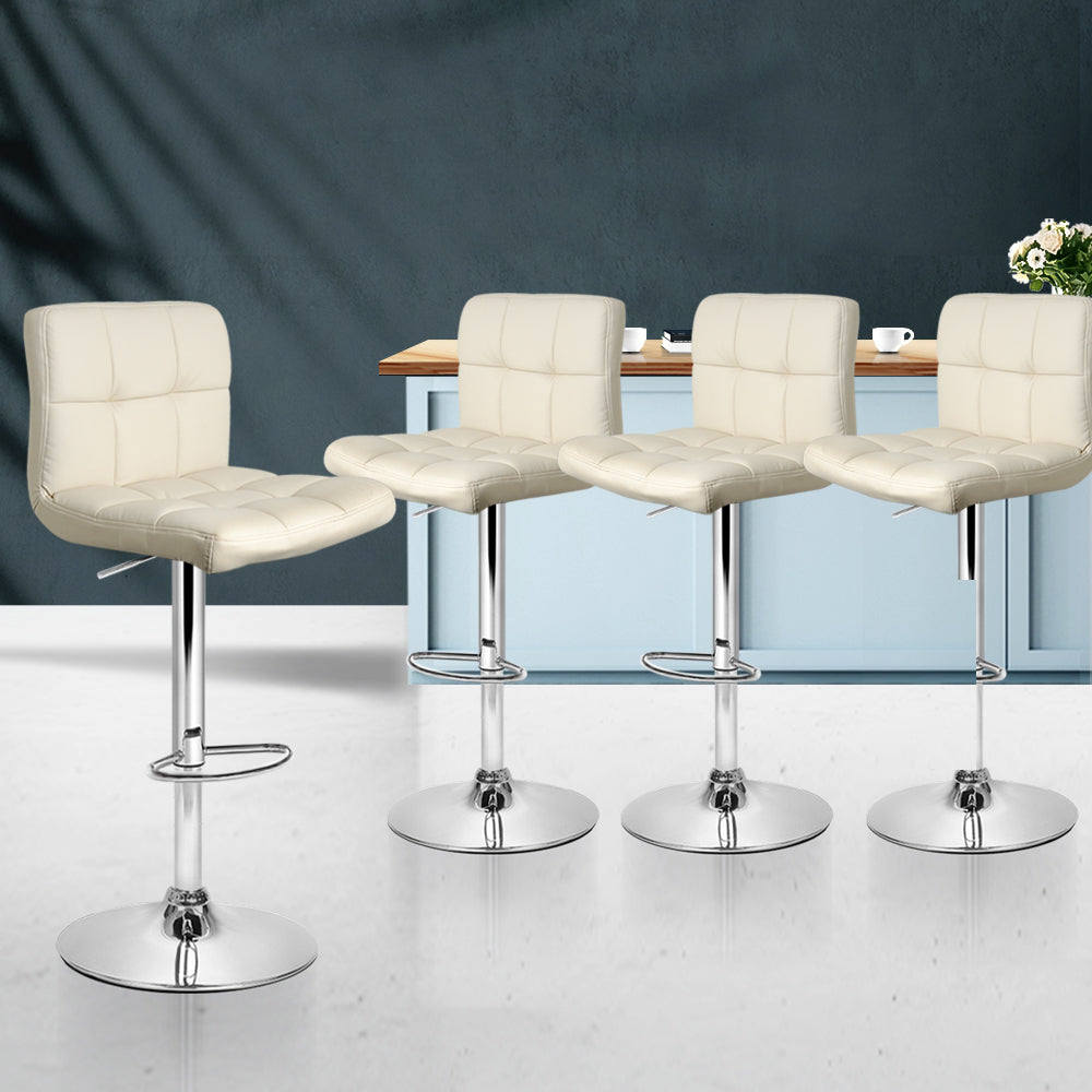 Chair Kingdom 4x Bar Stools Leather Gas Lift Beige