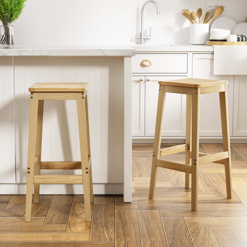 Chair Kingdom 2x Bar Stools Rubber Wood Stool Counter Chair Rattan Barstools Kitchen