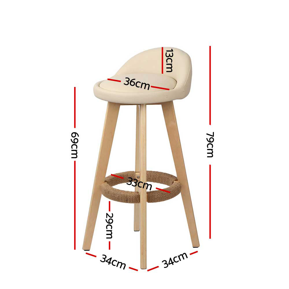 Chair Kingdom 2x Bar Stools Padded Leather Wooden Beige