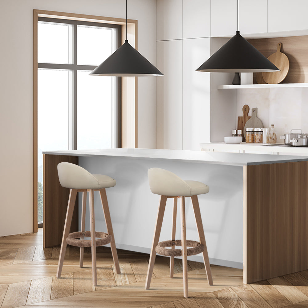 Chair Kingdom 2x Bar Stools Padded Leather Wooden Beige