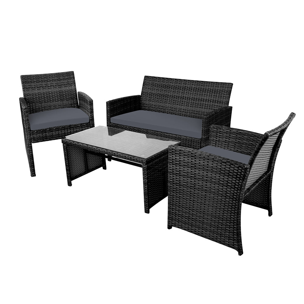 Toorak Luxury Rattan 4-Piece Lounge Set with Storage Cover - Black