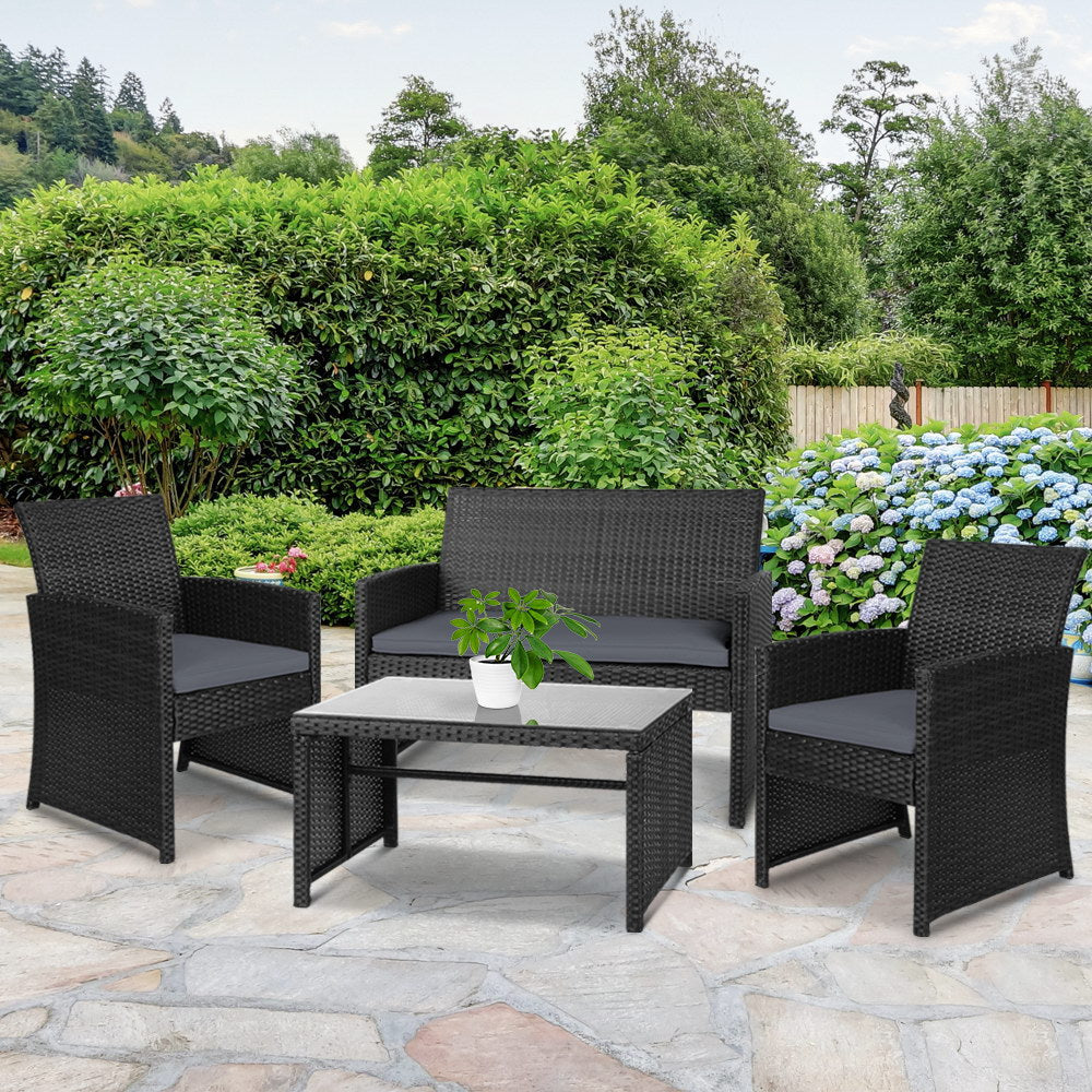 Toorak Luxury Rattan 4-Piece Lounge Set with Storage Cover - Black