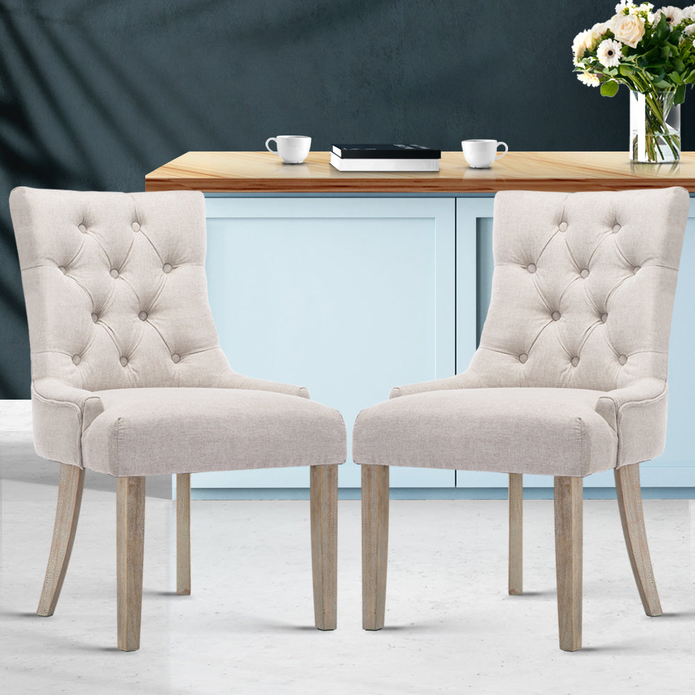 Chair Kingdom Set of 2 Dining Chair Beige CAYES French Provincial Wooden Fabric Retro Cafe