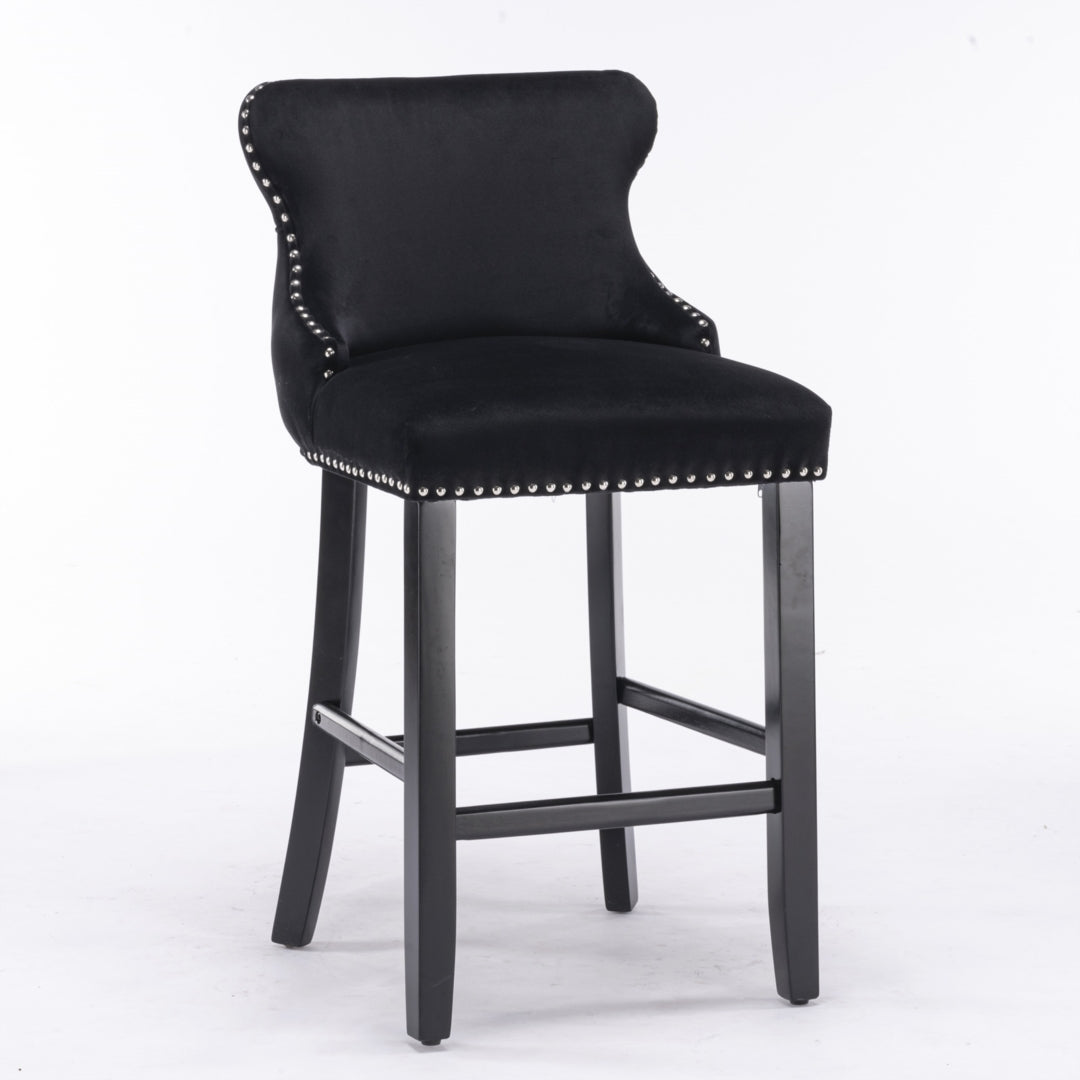 2 x Velvet Upholstered Button Tufted Bar Stools with Wood Legs and Studs-Black