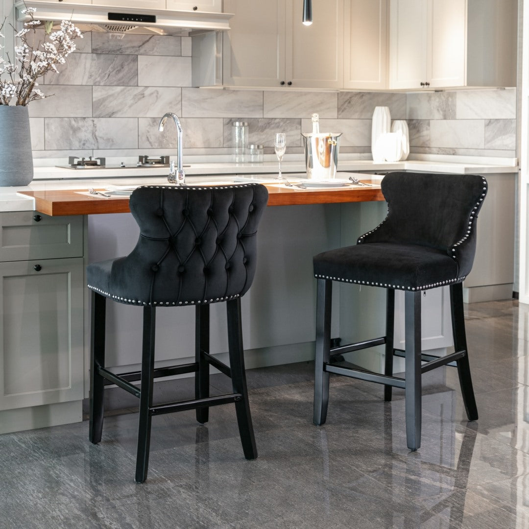 2 x Velvet Upholstered Button Tufted Bar Stools with Wood Legs and Studs-Black
