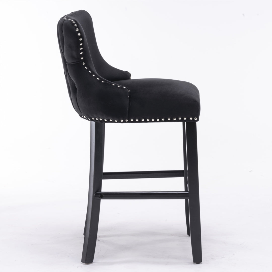 2 x Velvet Upholstered Button Tufted Bar Stools with Wood Legs and Studs-Black