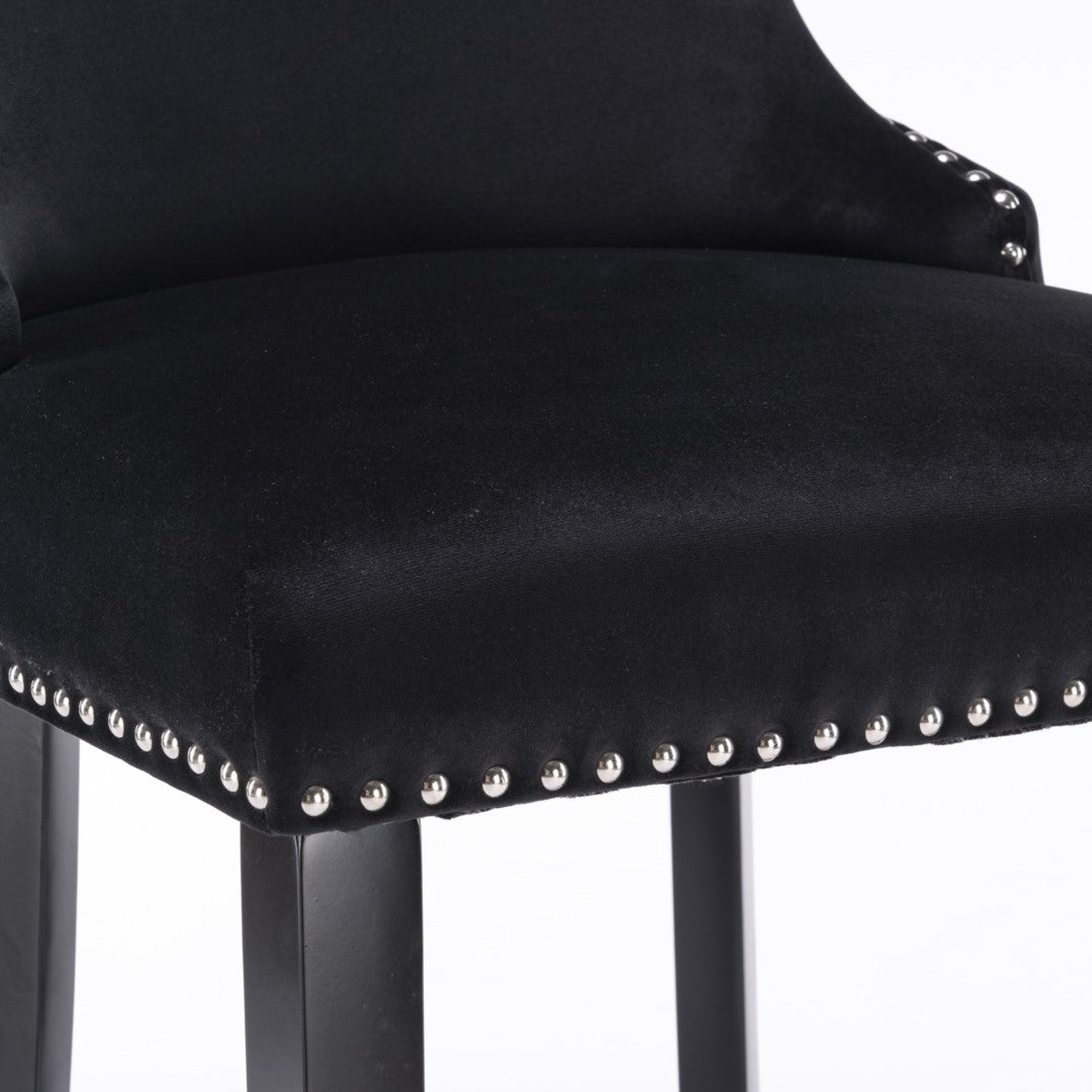 2 x Velvet Upholstered Button Tufted Bar Stools with Wood Legs and Studs-Black