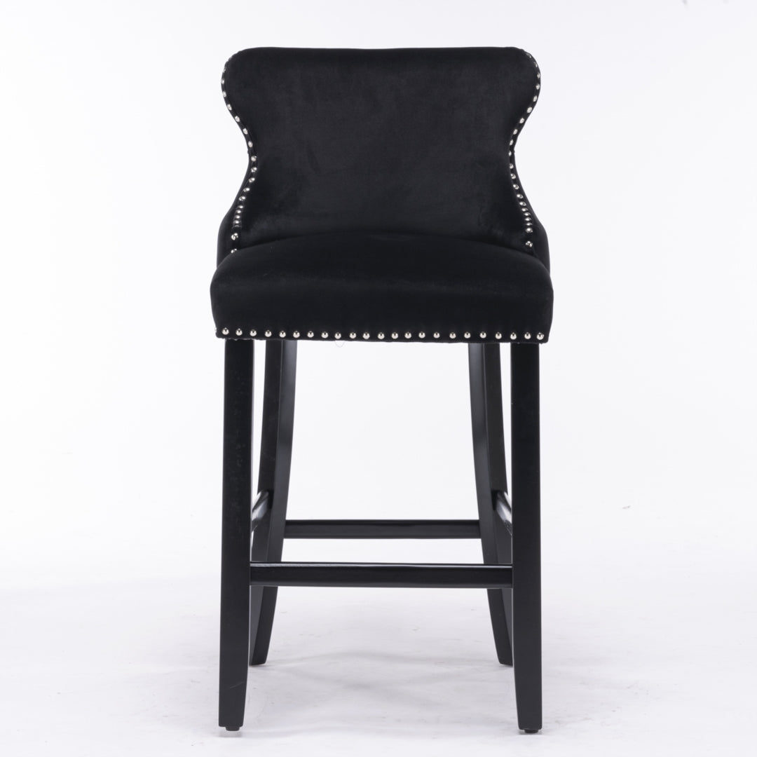 2 x Velvet Upholstered Button Tufted Bar Stools with Wood Legs and Studs-Black