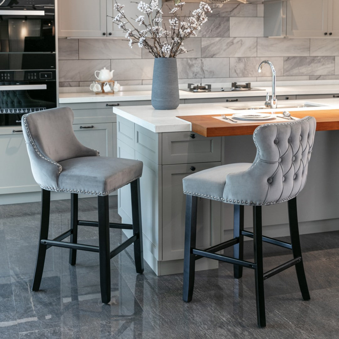 2 x Velvet Upholstered Button Tufted Bar Stools with Wood Legs and Studs-Grey