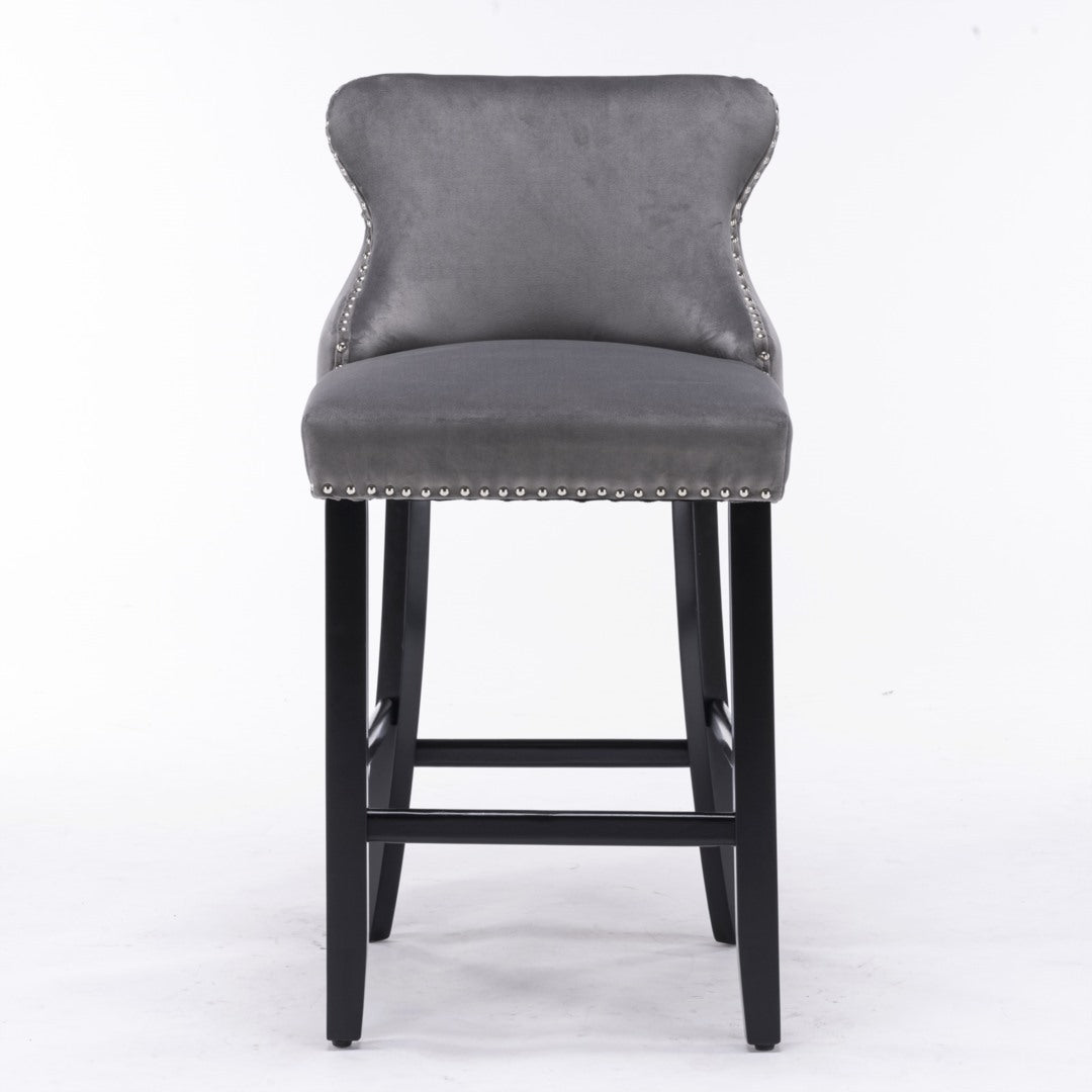 2 x Velvet Upholstered Button Tufted Bar Stools with Wood Legs and Studs-Grey