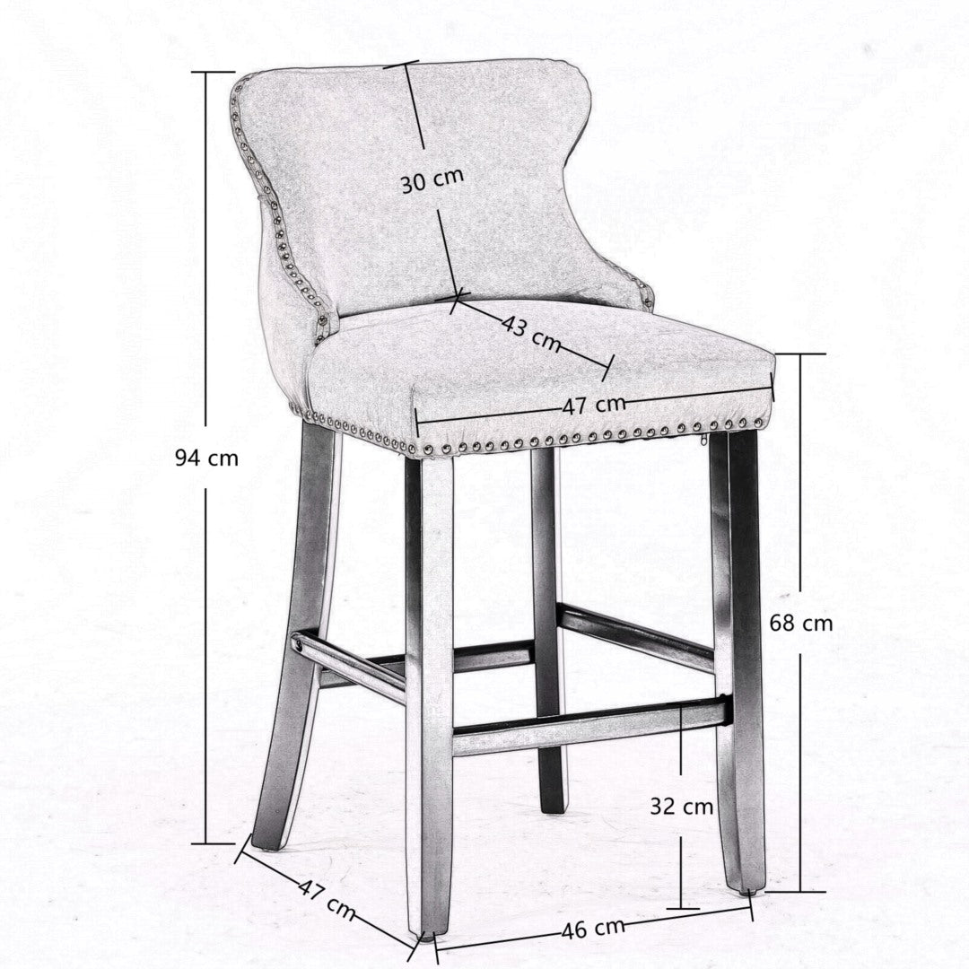 2 x Velvet Upholstered Button Tufted Bar Stools with Wood Legs and Studs-Grey