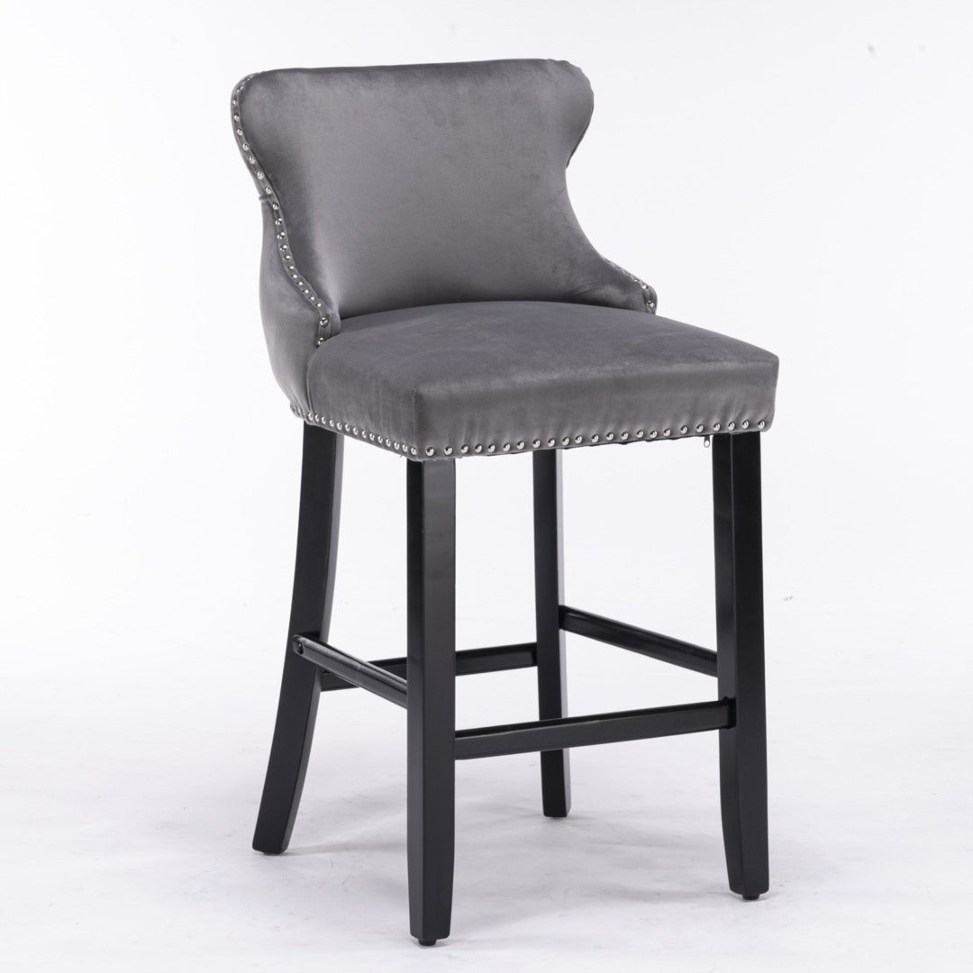 2 x Velvet Upholstered Button Tufted Bar Stools with Wood Legs and Studs-Grey