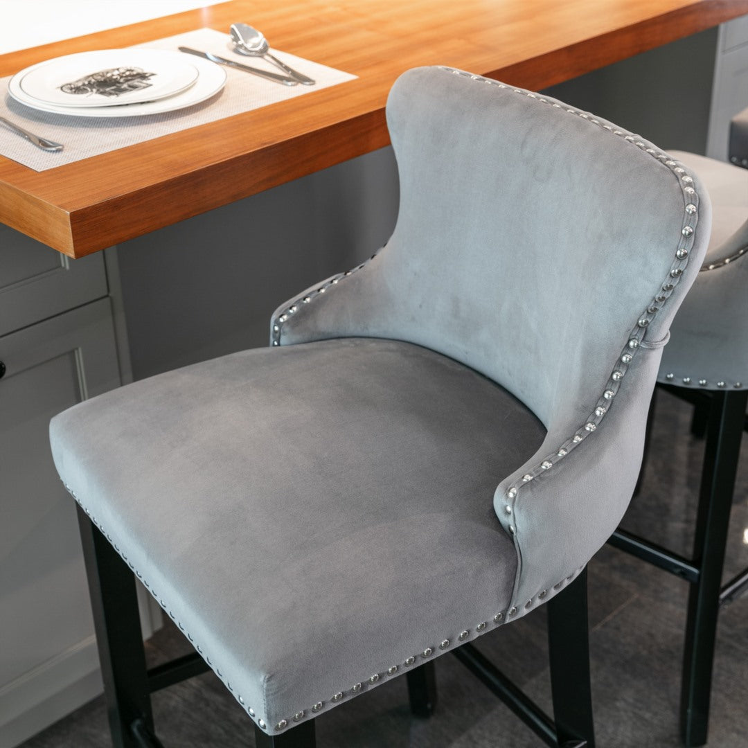 2 x Velvet Upholstered Button Tufted Bar Stools with Wood Legs and Studs-Grey