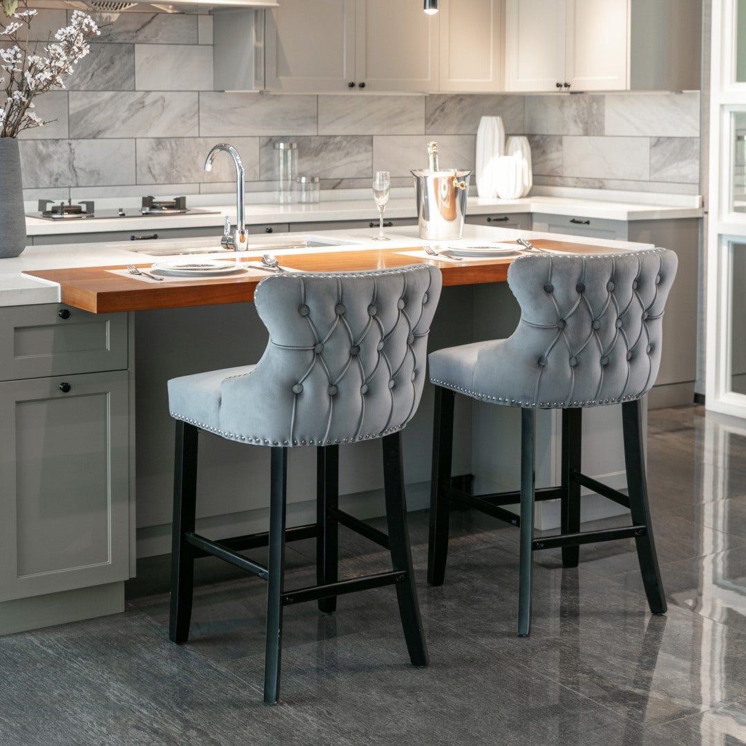 2 x Velvet Upholstered Button Tufted Bar Stools with Wood Legs and Studs-Grey