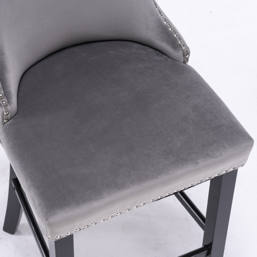 2 x Velvet Upholstered Button Tufted Bar Stools with Wood Legs and Studs-Grey
