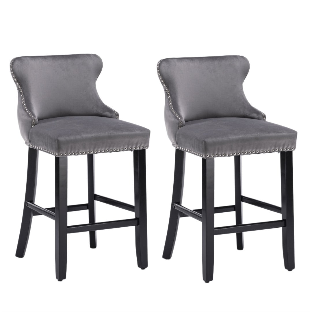 2 x Velvet Upholstered Button Tufted Bar Stools with Wood Legs and Studs-Grey