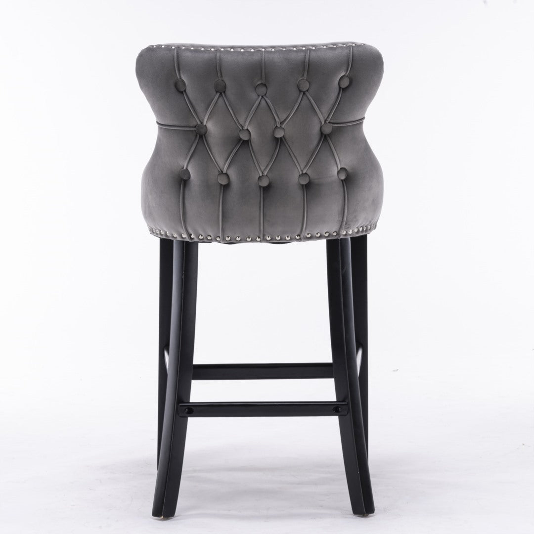 2 x Velvet Upholstered Button Tufted Bar Stools with Wood Legs and Studs-Grey