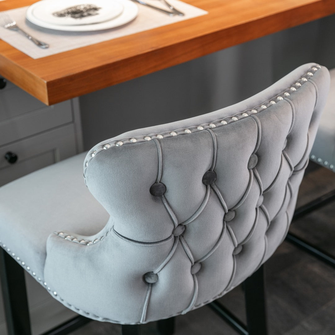 2 x Velvet Upholstered Button Tufted Bar Stools with Wood Legs and Studs-Grey