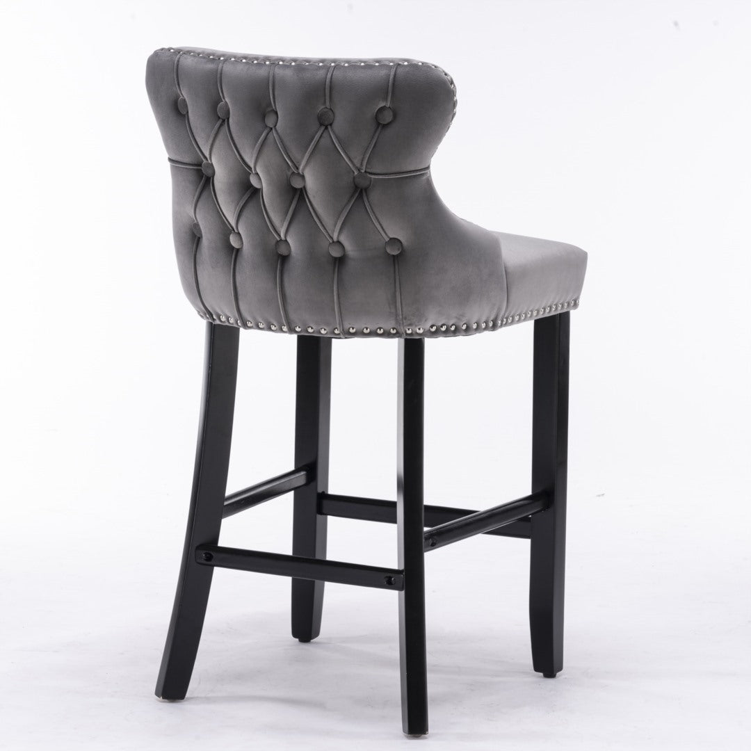 2 x Velvet Upholstered Button Tufted Bar Stools with Wood Legs and Studs-Grey