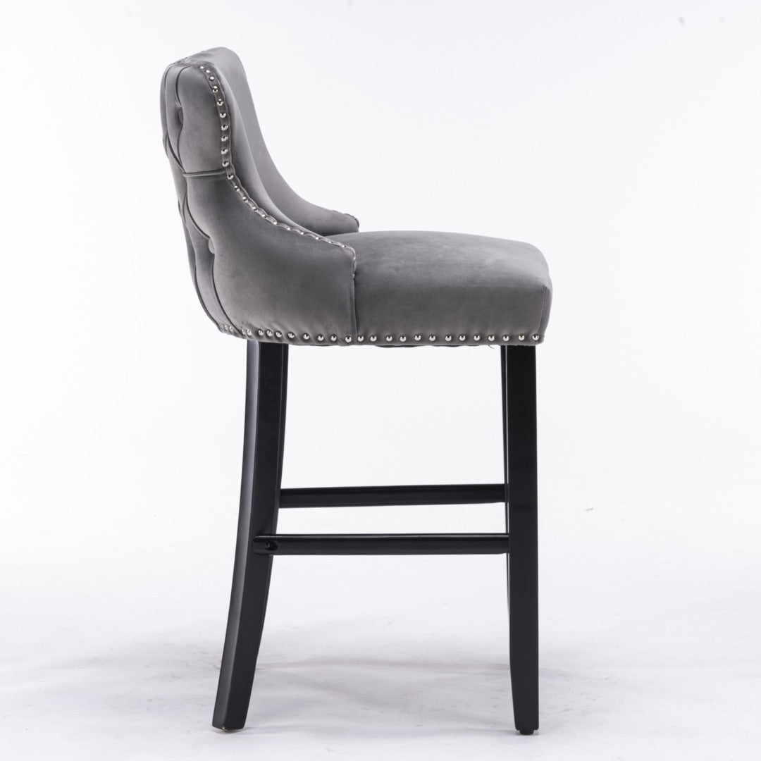 2 x Velvet Upholstered Button Tufted Bar Stools with Wood Legs and Studs-Grey