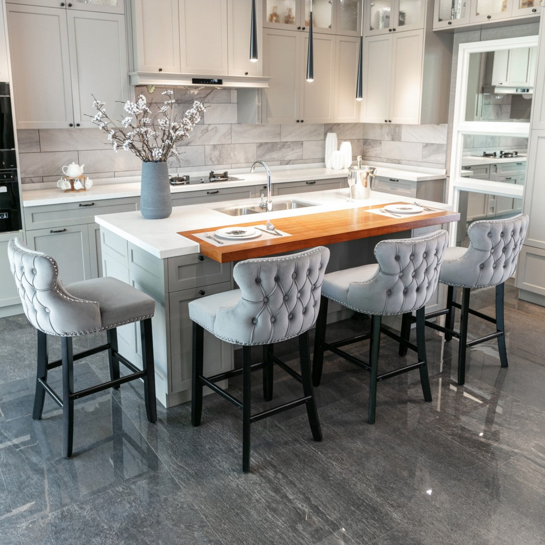 2 x Velvet Upholstered Button Tufted Bar Stools with Wood Legs and Studs-Grey