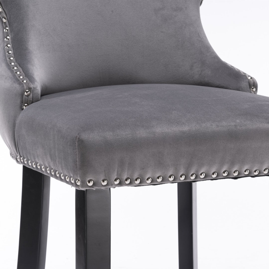 2 x Velvet Upholstered Button Tufted Bar Stools with Wood Legs and Studs-Grey