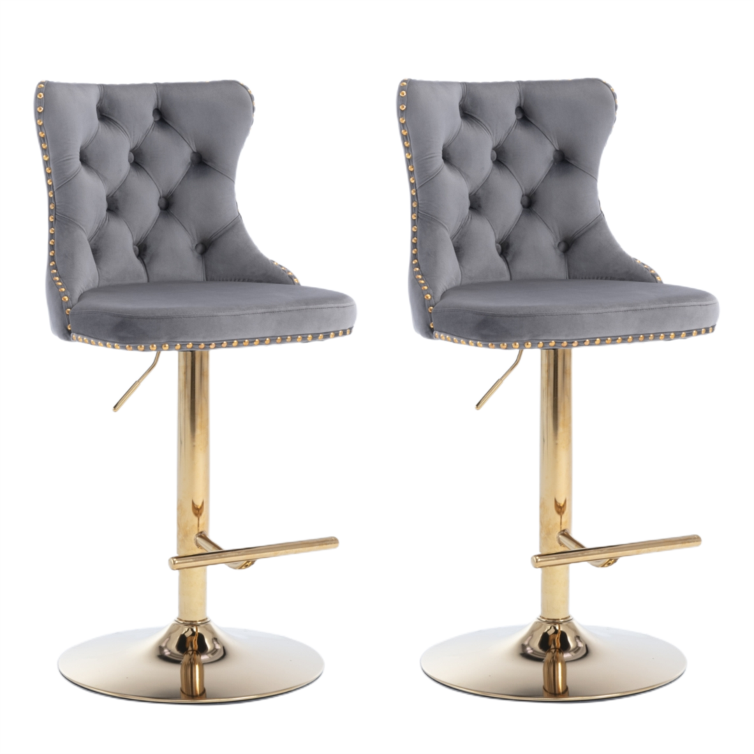 2x Height Adjustable Swivel Bar Stool with Footrest and Golden Base- Grey
