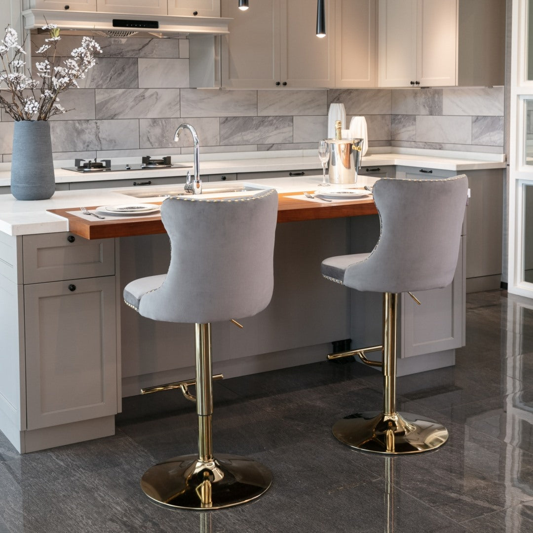 2x Height Adjustable Swivel Bar Stool with Footrest and Golden Base- Grey
