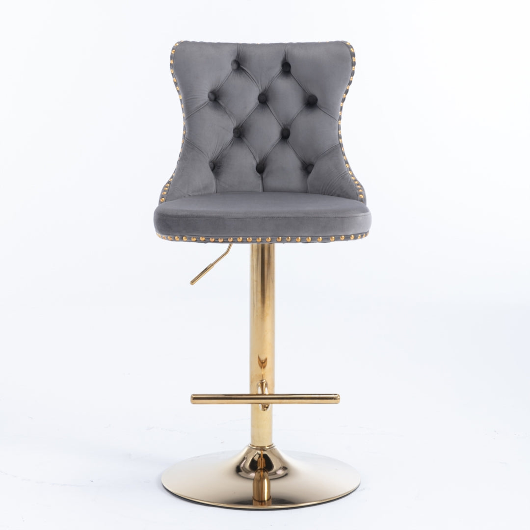 2x Height Adjustable Swivel Bar Stool with Footrest and Golden Base- Grey