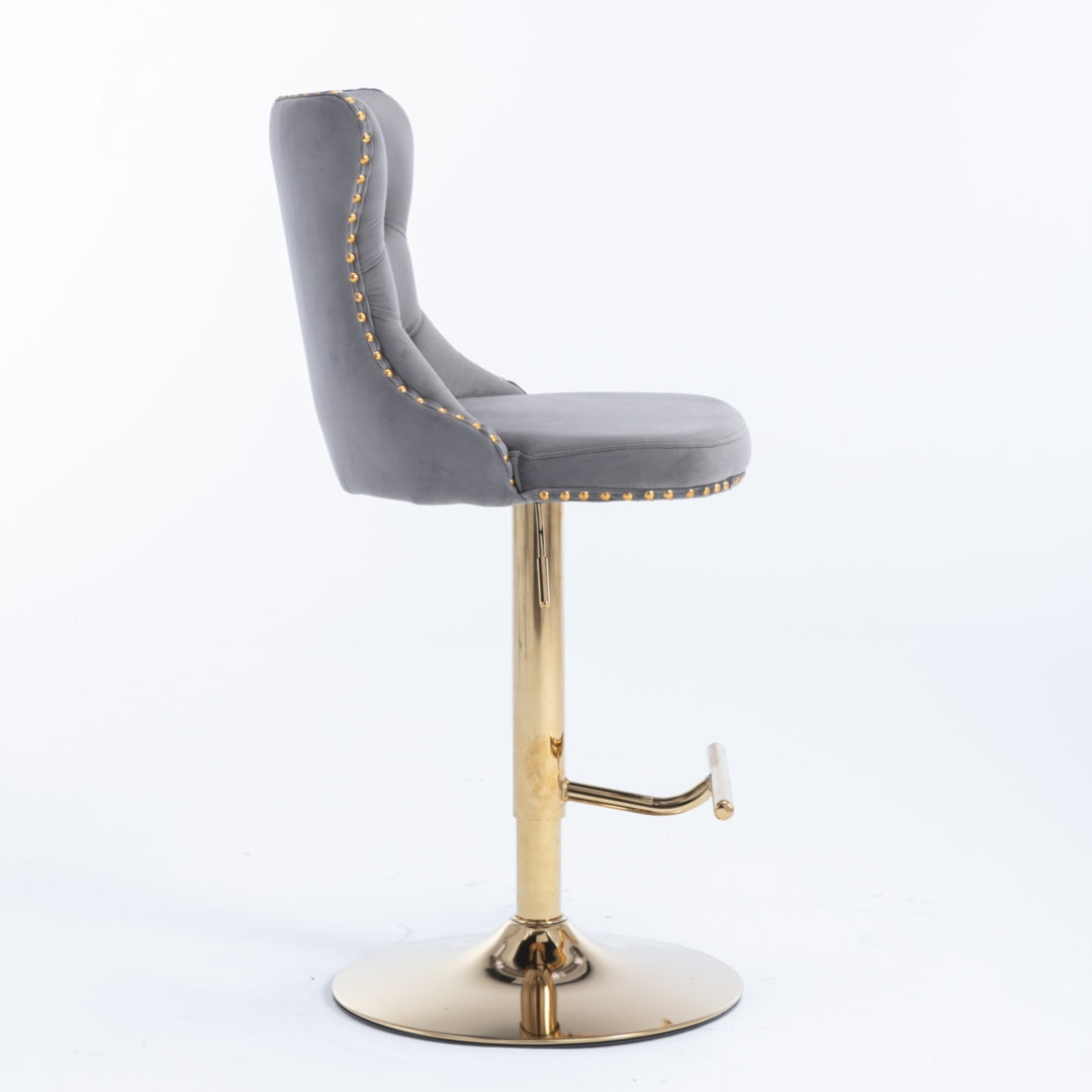 2x Height Adjustable Swivel Bar Stool with Footrest and Golden Base- Grey
