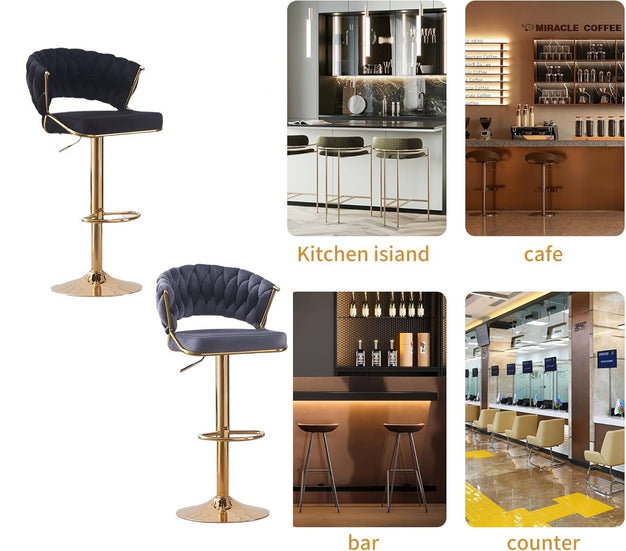2x Height Grey Velvet Padded Golden Round Base Barstools Chairs