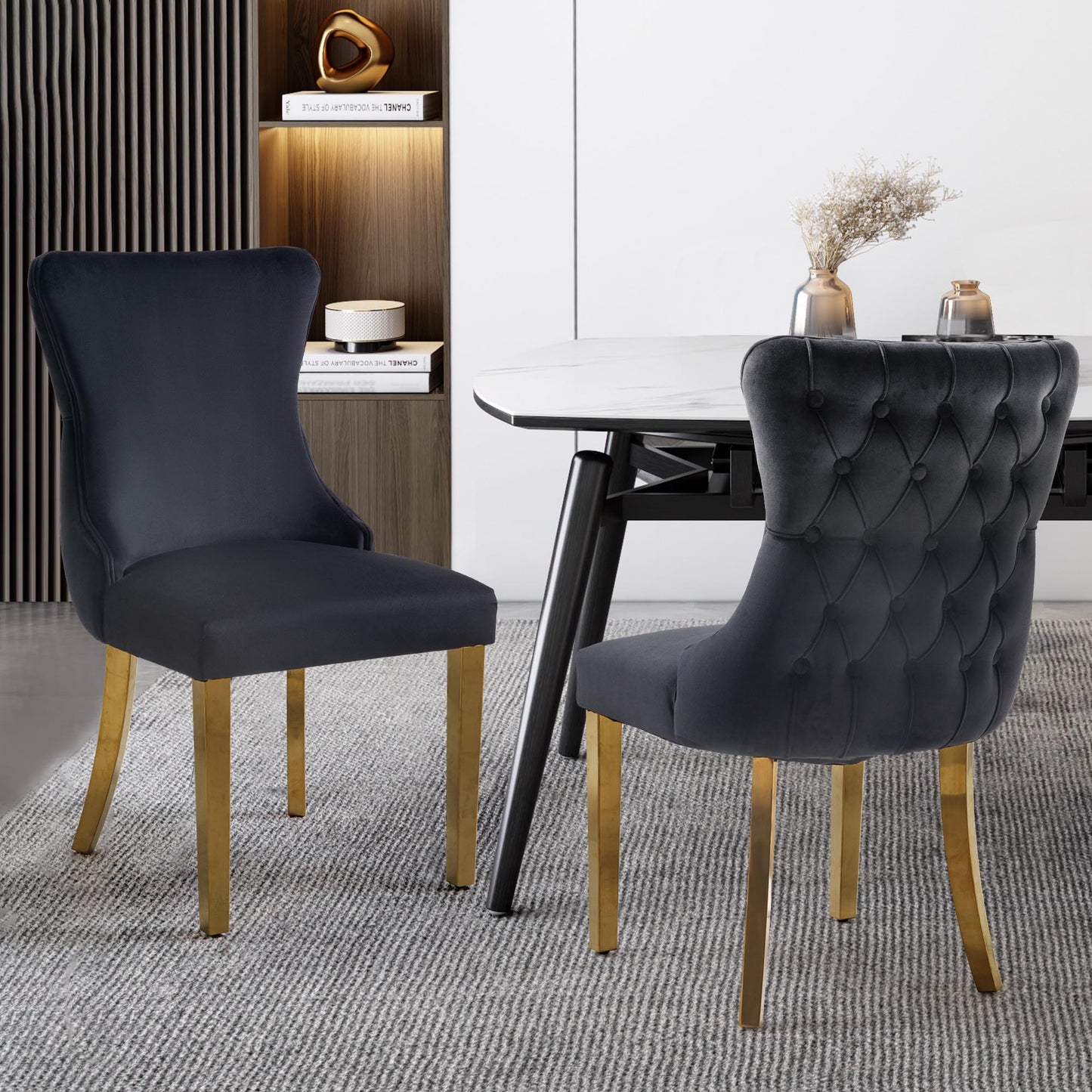 Paris Black Velvet & Gold Polished Steel Upholstered Dining Chairs Tufted Back - Set of 2