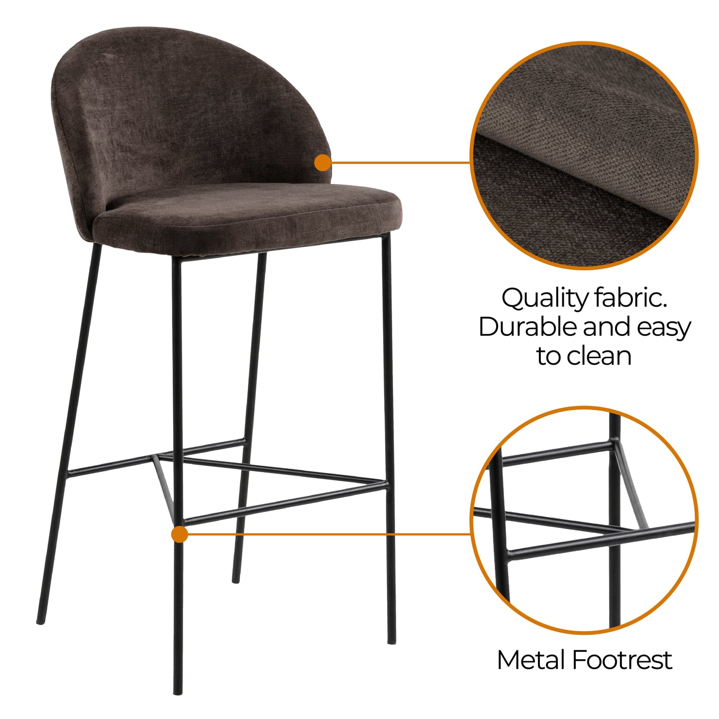 Barstool Brown Fabric Steel Black Legs