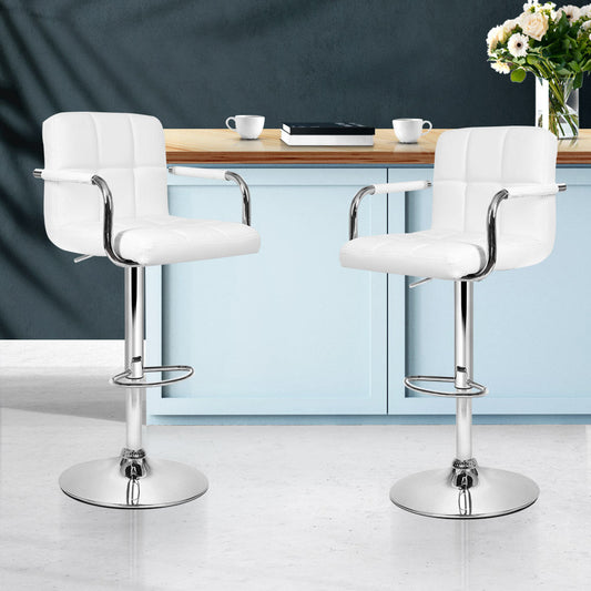 Chair Kingdom 2x Bar Stools Leather Gas Lift w/Armrest White