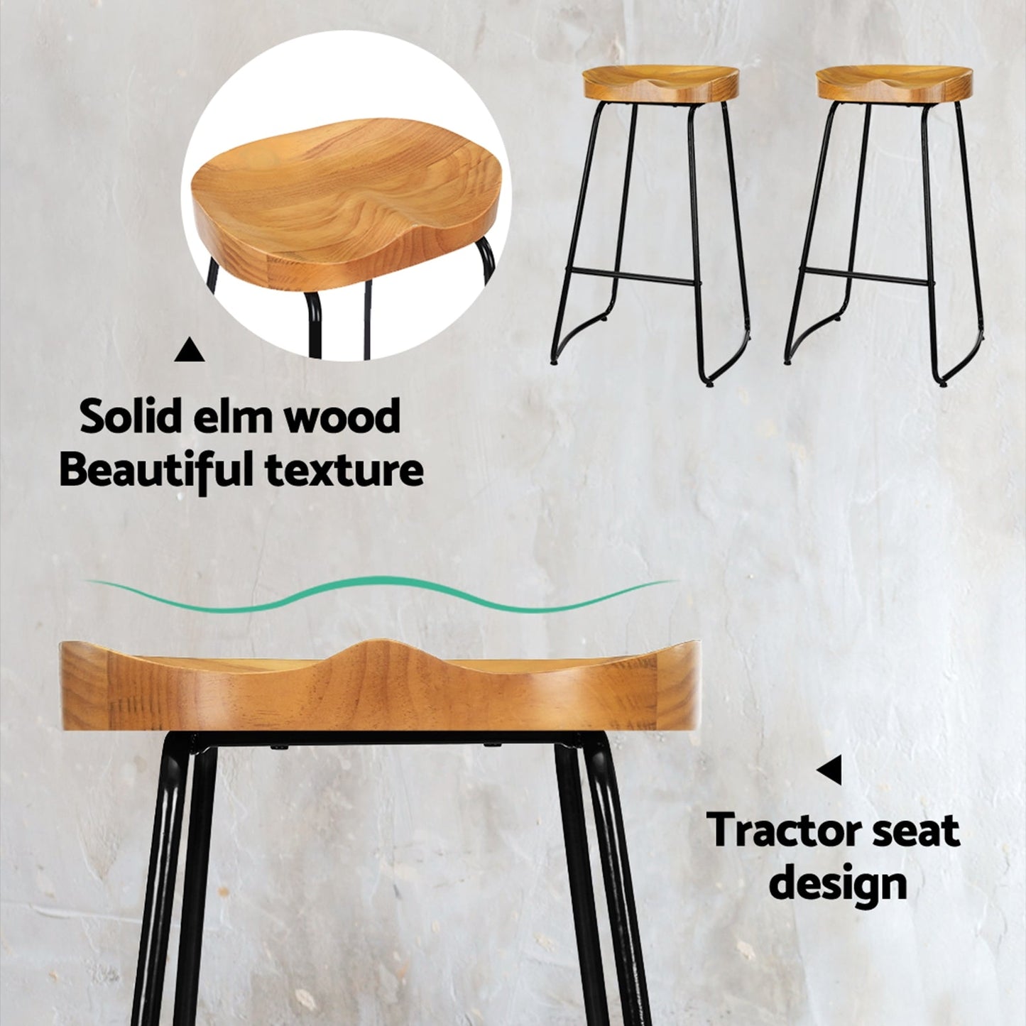 Chair Kingdom 4x Bar Stools Tractor Seat 75cm Wooden