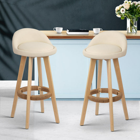 Chair Kingdom 2x Bar Stools Padded Leather Wooden Beige