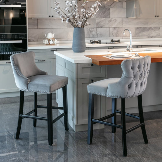 2 x Velvet Upholstered Button Tufted Bar Stools with Wood Legs and Studs-Grey